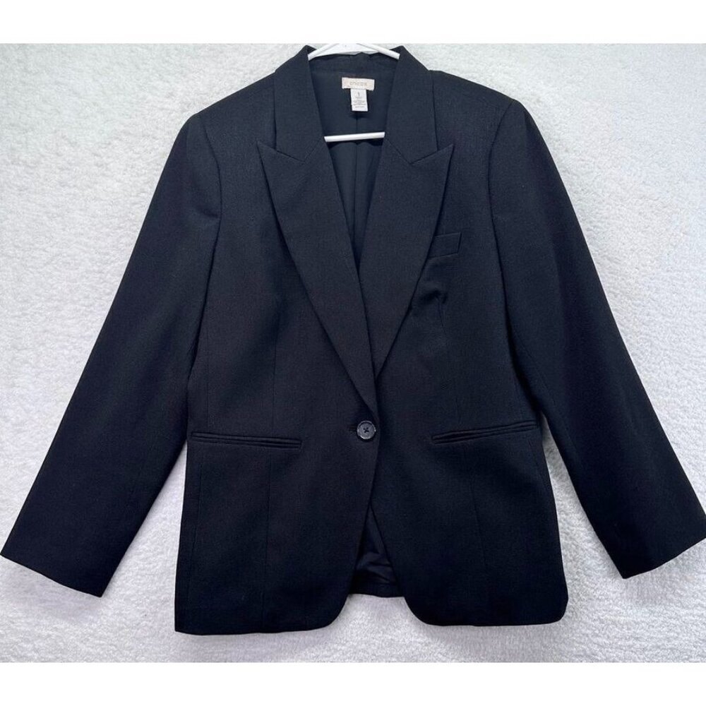 Chicos Blazer Womens Medium Black One Button Lined Jacket Career Long Sleeve